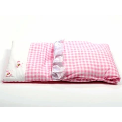 Houten Poppenwagen Pink -Bruderiku Winkel dekje roze geruit met 2 bloempjes 2